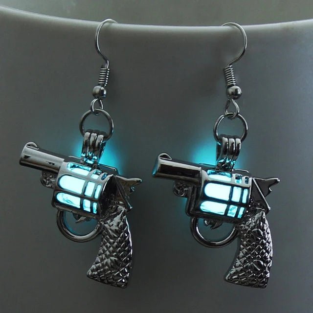 Pistol Earrings Glowing in the Dark - Side View of Silver Gun Jewelry - Statement Earrings with Green Illumination for Edgy Fashion Lovers - Cowgirl Themed Halloween Costume