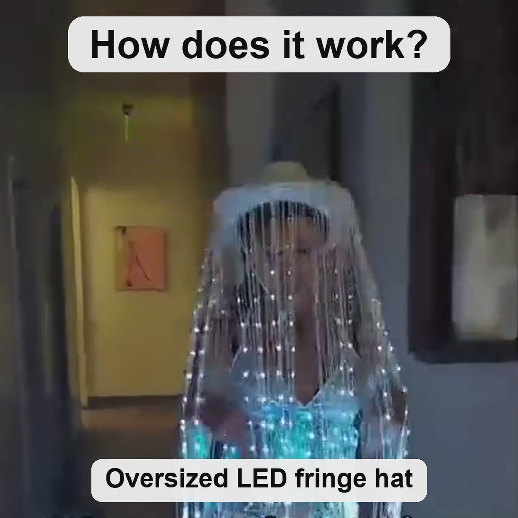 How the oversized LED fringe hat works: floor-length light-up fringe, remote for one solid color, rainbow, fades or chases, rechargeable show after show — Neon Cowboys