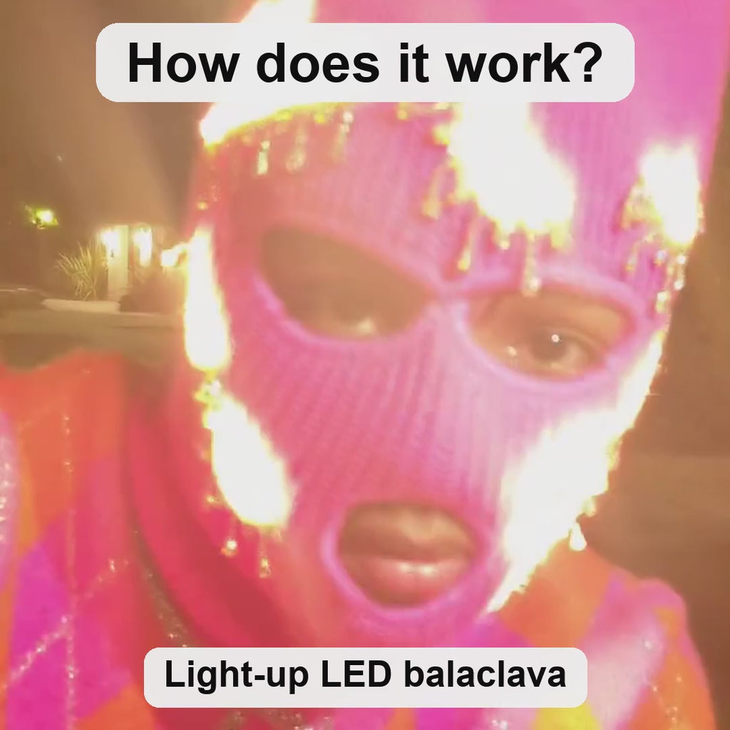How the light-up LED balaclava works: multiple light patterns, 2 replaceable AA batteries, 6-hour battery runtime, worn at night — Neon Cowboys