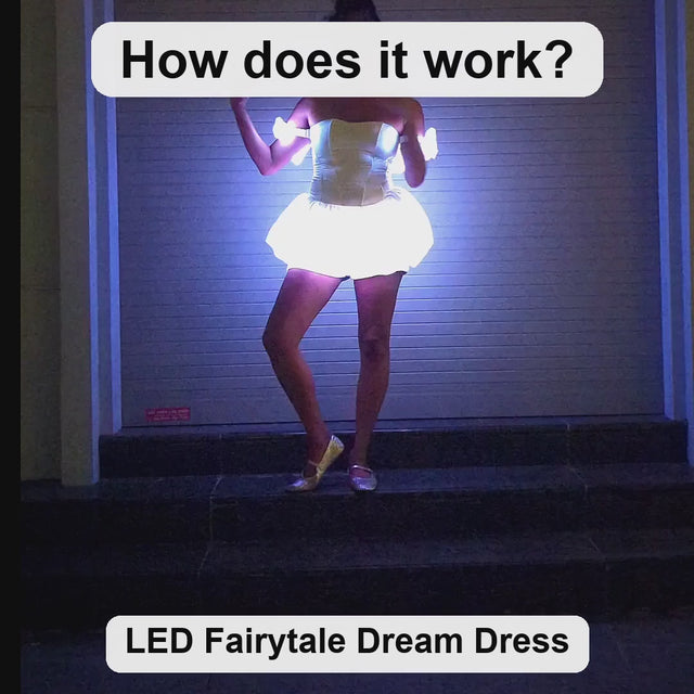 How the LED Fairytale Dream Dress works: plug in the power bank, pick one solid color or cycle through them all with the wireless remote, 4+ hours of glow per charge, worn at night — Neon Cowboys