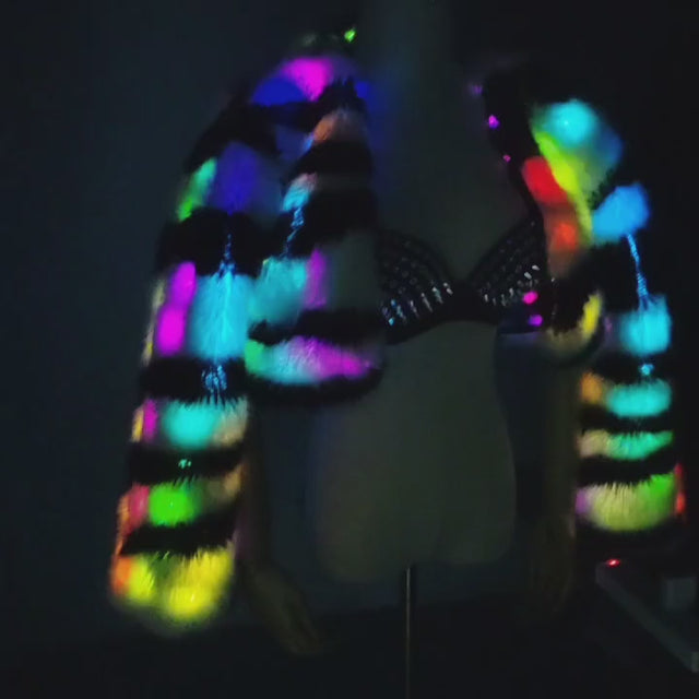 LED zebra faux fur cropped jacket — color-changing lights demo, light up festival coat
