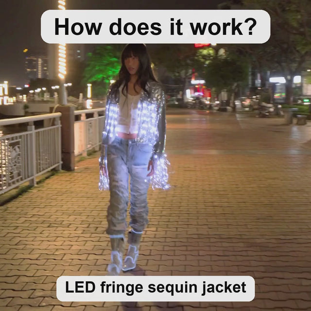 How the LED Fringe Sequin Jacket works: a model spins to show LED fringe front and back, plug in the power bank, pick one solid color or cycle through them all on the remote, 4+ hours of glow — Neon Cowboys