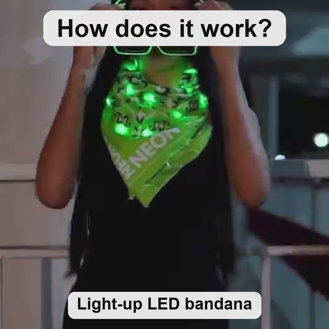 How the light-up LED bandana works: standard 22 x 22 inch bandana, solid, twinkle or flash light settings, 10+ hours on replaceable batteries, worn with a light-up cowboy hat — Neon Cowboys