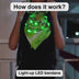 How the light-up LED bandana works: standard 22 x 22 inch bandana, solid, twinkle or flash light settings, 10+ hours on replaceable batteries, worn with a light-up cowboy hat — Neon Cowboys