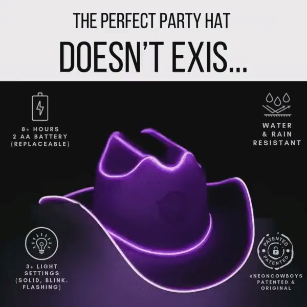 Purple LED Cowboy Hat Video - Rotating Light Up Cowgirl Hat Reusable Battery Life, Water Resistant, Fun Lights - Perfect Party Hat for Festivals, Concerts and Raves