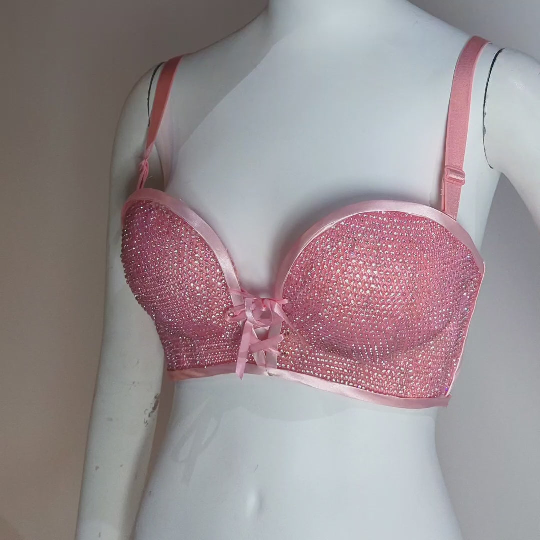 Pink light up LED bra video showing illumination patterns and color effects for rave fashion glowing party outfits and music festival wear and burlesque shows in las vegas