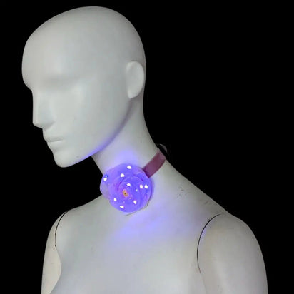Purple light up LED Flower Choker Side Profile on Woman - Light Up Floral Necklace - Elegant Illuminated Rose costume Jewelry for Mardi Gras