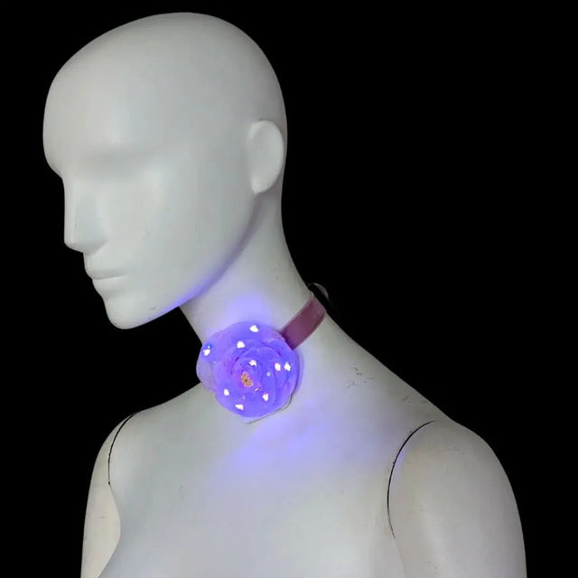 Purple light up LED Flower Choker Side Profile on Woman - Light Up Floral Necklace - Elegant Illuminated Rose costume Jewelry for Mardi Gras