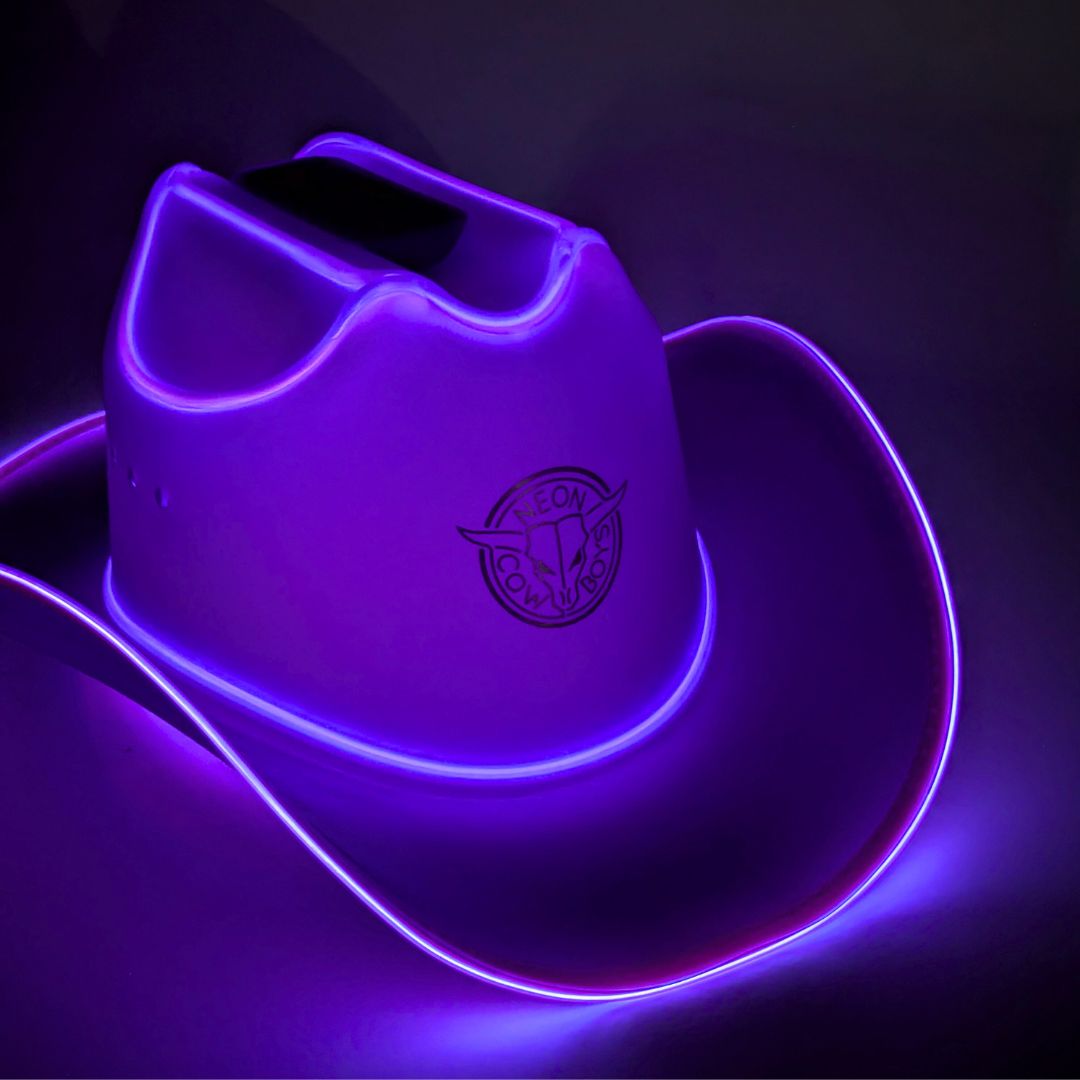 Purple LED cowboy hat glowing bright perfect for Halloween costume parties western themed celebrations and spooky party outfits