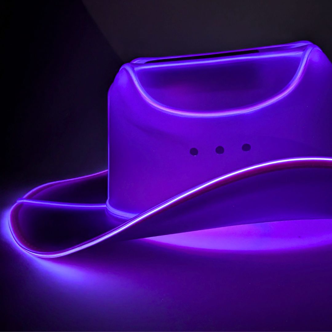 Purple neon cowgirl hat with LED lights ideal for Taylor Swift concert outfits Eras tour fans and western festival fashion