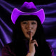 Purple space cowgirl hat with LED lights glowing for royal themed parties princess celebrations and western costume luxury events