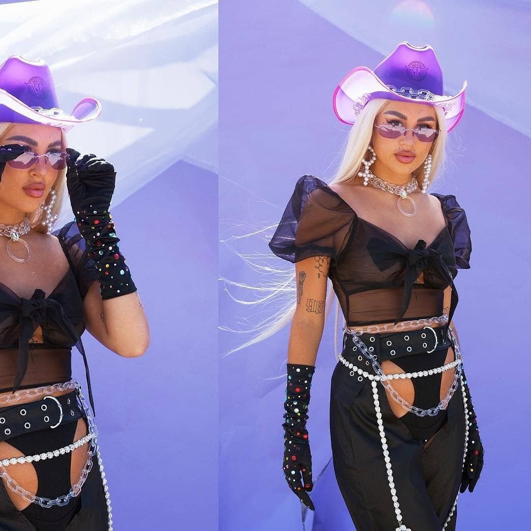 Purple LED cowgirl hat glowing perfect for Halloween witch costumes western gothic parties and spooky festival fashion