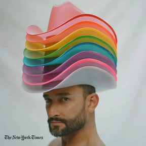 Mark Kanemura Man wearing rainbow light up cowboy hat featured in New York Times showcasing illuminated western fashion for pride celebrations and LGBTQ+ rodeo events