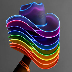 Rainbow LED light up cowboy hat with vibrant multicolor glowing brim perfect for music festivals LGBTQ pride parades and country western nightlife events