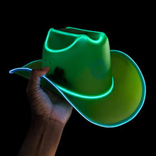 Green sustainable plastic LED cowboy hat in hand - Color-transition illuminated western headwear made from recovered production material for festivals, rodeos, nightclubs, and country music events