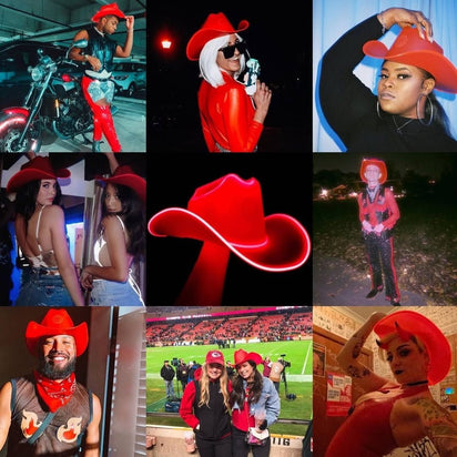 Red LED neon cowgirl hat glowing for group photo sessions bachelorette party celebrations and western costume outfits