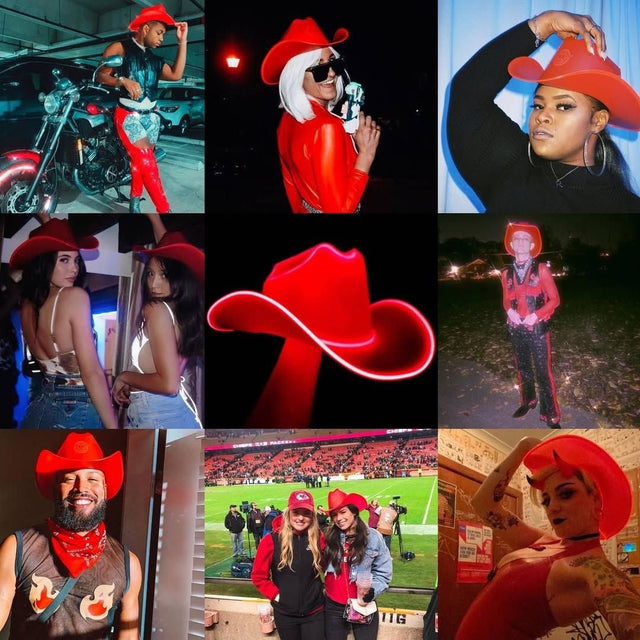 Red LED neon cowgirl hat glowing for group photo sessions bachelorette party celebrations and western costume outfits