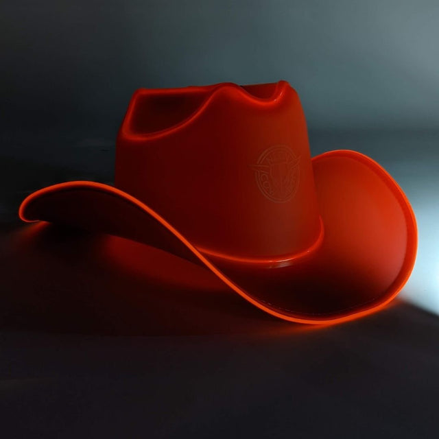 White LED space cowgirl hat glowing for group celebrations party planning and western costume fashion outfits
