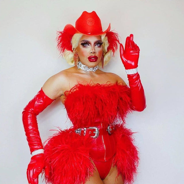 Red LED drag queen cowgirl hat glowing for performance stage outfits nightclub entertainment and western costume fashion