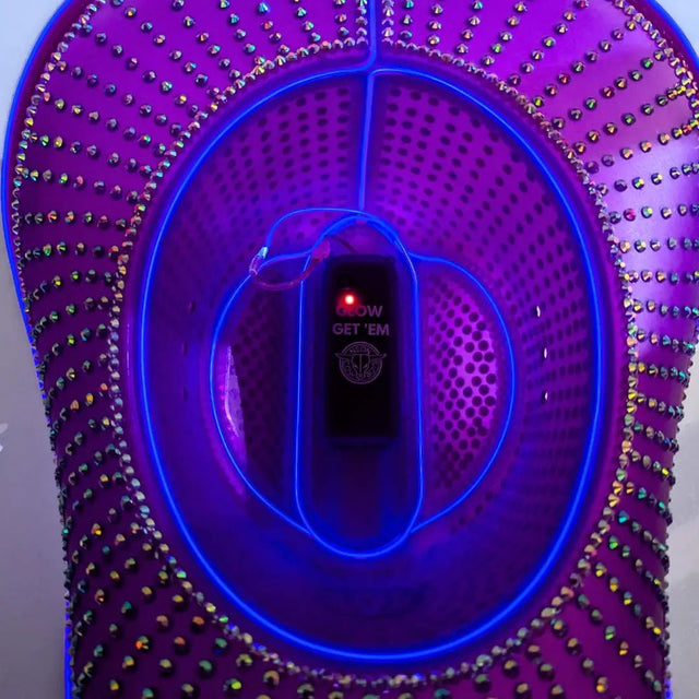 Purple crystal cowboy hat with LED illumination - Exclusive handcrafted glowing accessory for EDC Las Vegas, concert tours, stadium events, and viral fashion moments