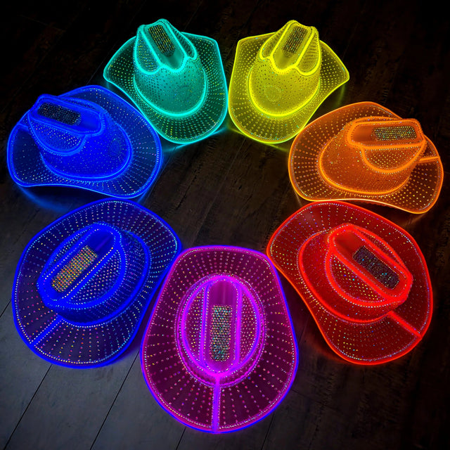Collection of multi-colored rainbow crystal LED cowboy hats - Designer party accessories for music festivals, celebrity styling, Pride celebrations, and viral fashion trends