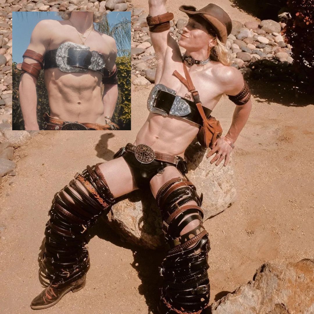 Collage of man in silver western belt and matching bikini top showcasing desert photoshoot styling for country music festivals western themed parties and rodeo fashion at coachella