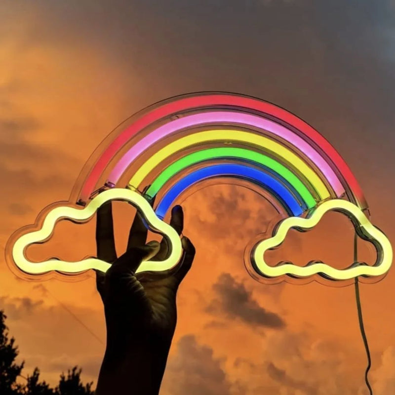 Sample sale Rainbow LED neon sign on final sale, a hand holding the glowing rainbow and cloud LED neon sign against an orange sunset sky, a glowing rainbow wall art neon sign for a home bar, bedroom, nursery, studio or Pride party backdrop, Neon Cowboys