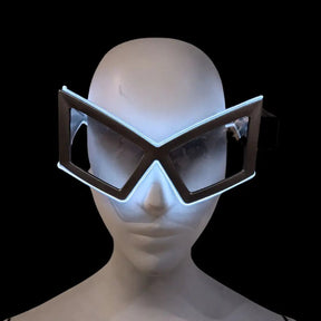 White Silver LED Space Sunglasses on Woman - Illuminated Geometric Eyewear - Light Up Space Cowgirl Glasses for Halloween, Rave Music Festivals and Party Outfits