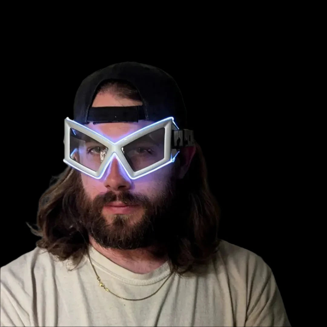 Space Cowboy LED Sunglasses on Men - White Silver Futuristic Glowing Eyewear for Parties - Light Up Geometric Glasses for Costume Events, Festivals and Astronaut Halloween Costumes