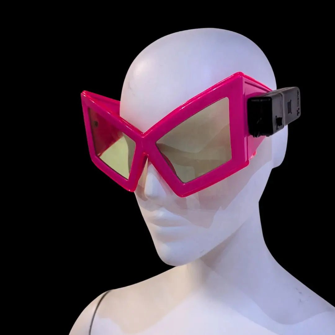 Space Sunglasses in Pink on Mannequin Side View - LED Light Up Eyewear - Geometric Glowing Glasses for Futuristic Party Fashion for Halloween Costumes