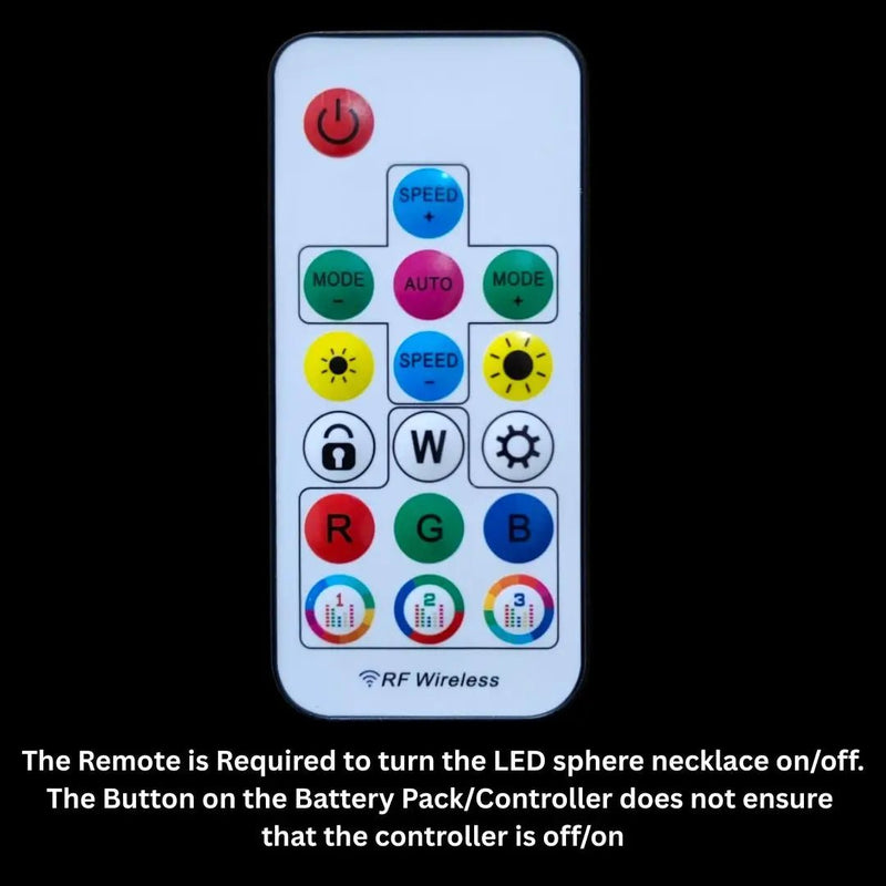 Sphere Necklace Replacement Remote, Neon Cowboys Troubleshooting: RF wireless remote with color and mode buttons that turns the LED sphere necklace on and off and cycles glow colors, a handy replacement for your light up necklace and led jewelry at raves, music festivals, and Pride, Neon Cowboys