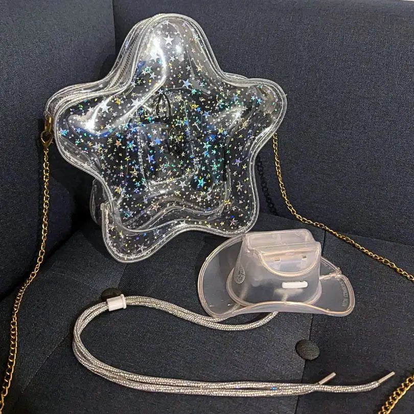 Silver Holographic Glitter Star Purse with Matching Mini Neon Cowgirl Hat for Concerts Music Festivals Stadiums and Venues - Clear Bag Policy Approved - Space Cowgirl Halloween Costume Themed Party