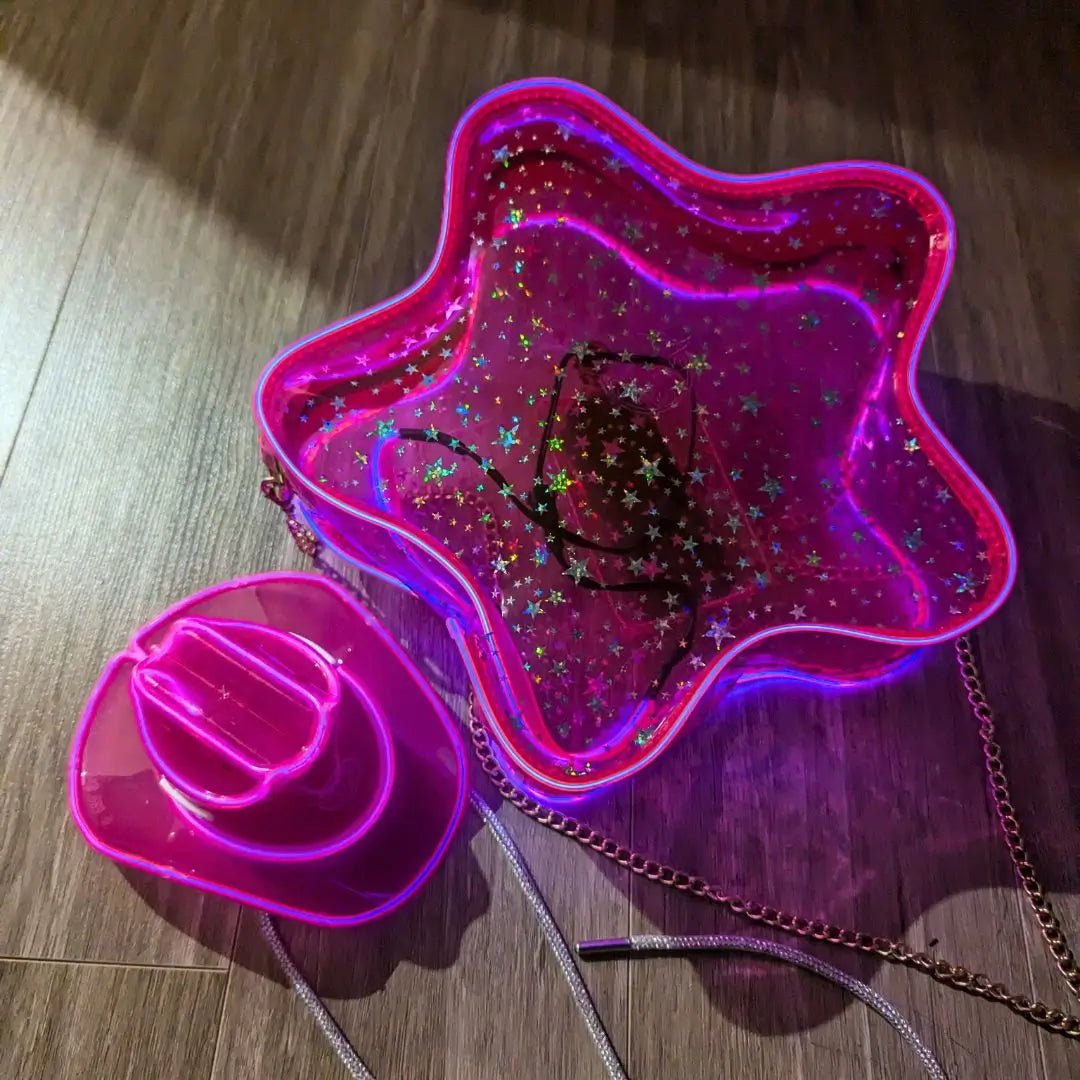 Star Bag + Mini Neon Cowboy Hat Bundle Pack - Neon Cowgirl Halloween Costume - Great Gift for Birthdays Bachelorettes Concerts and Parties