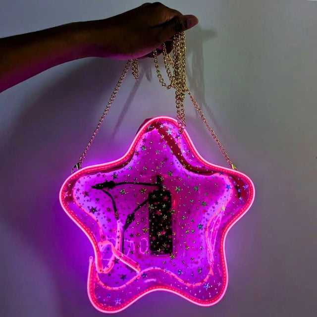 Pink LED Star Purse - Light Up Crossbody Evening Bag - Glowing Fashion Accessory for Night Parties Clear Concert Bag Policy Stadiums Venues