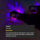Customer review with five-star rating of purple star projector lights creating colorful patterns during nighttime roller skating sessions and disco parties