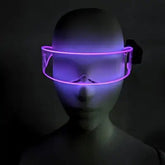 Purple LED transparent cyber glasses on mannequin - Futuristic illuminated eyewear for synthwave concerts, cyberpunk fashion, anime cosplay, and digital art installations