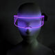 Purple LED transparent cyber glasses on mannequin - Futuristic illuminated eyewear for synthwave concerts, cyberpunk fashion, anime cosplay, and digital art installations