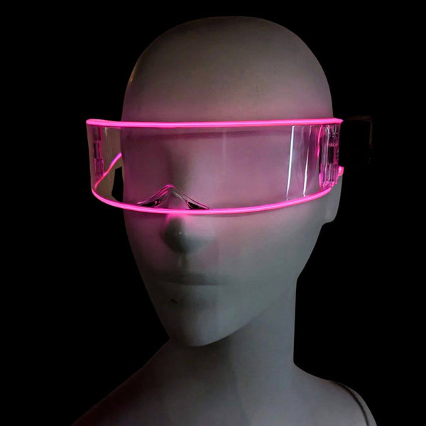 Pink illuminated transparent cyber glasses profile view - Glowing futuristic eyewear for K-pop inspired looks, science fiction conventions, fashion-forward nightlife, and TikTok content creation