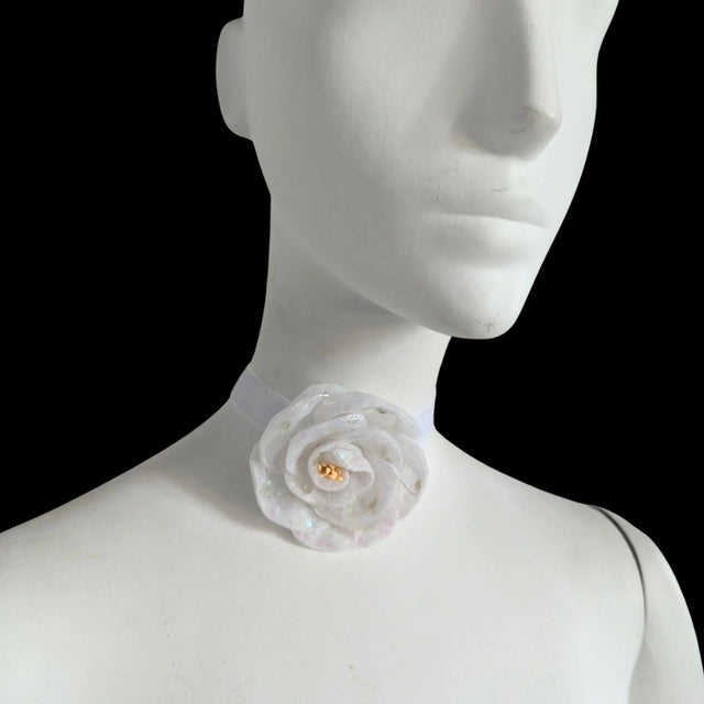 Velvet Choker with Illuminated Flower - Off-Mode View of LED Rose Necklace - Soft Comfortable Velvet Band Design