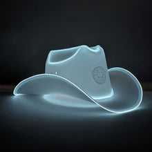White cowboy hat with bright LED lights perfect for barn wedding receptions ranch themed celebrations and western bridal parties