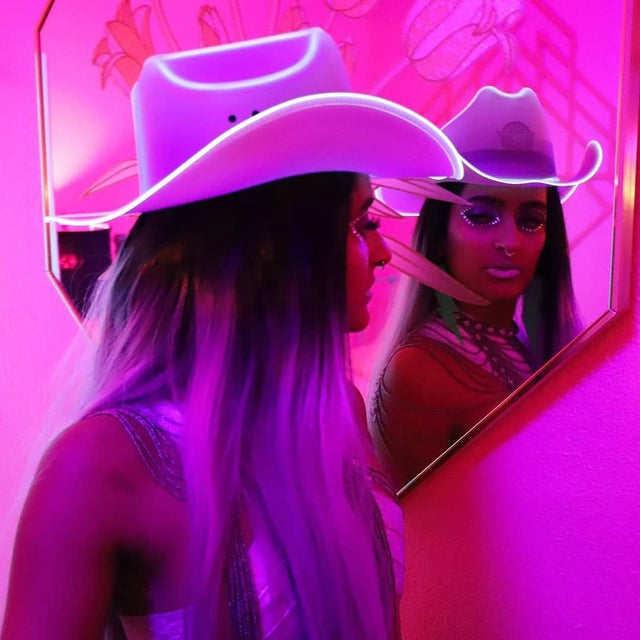 White LED neon cowgirl hat perfect for bridal bachelorette parties wedding celebrations and western costume fashion outfits