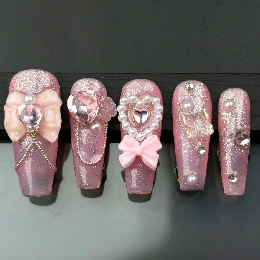 Set of Pink LED light up press on nails with bows pearls rhinestones glitter detailing for parties birthdays bachelorettes