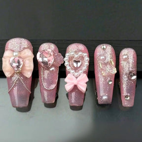 Set of Pink LED light up press on nails with bows pearls rhinestones glitter detailing for parties birthdays bachelorettes