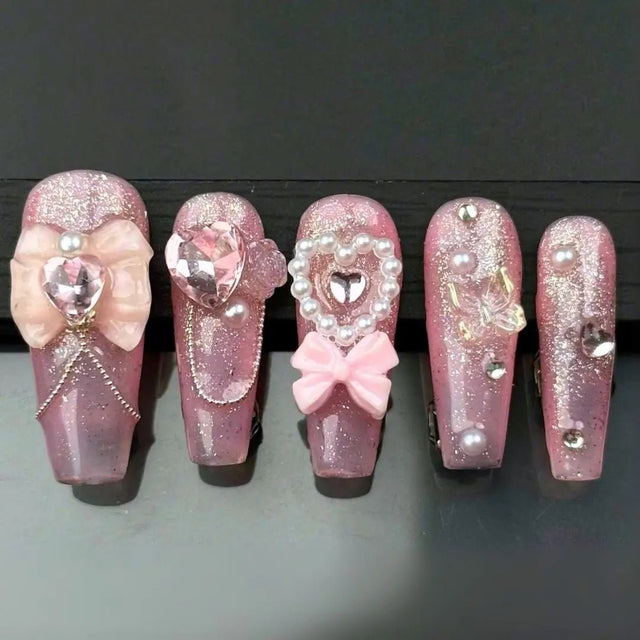 Set of Pink LED light up press on nails with bows pearls rhinestones glitter detailing for parties birthdays bachelorettes