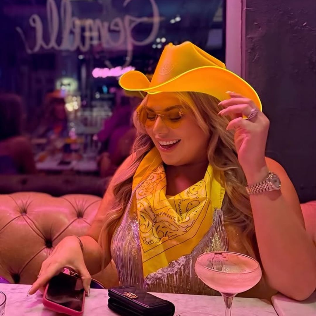 Yellow LED cowgirl hat with lights perfect for country concert festivals western costume celebrations and music fashion outfits