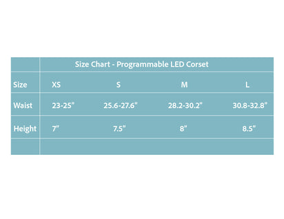 Size chart for made-to-order programmable LED corset showing measurement guide for custom fit glow clothing