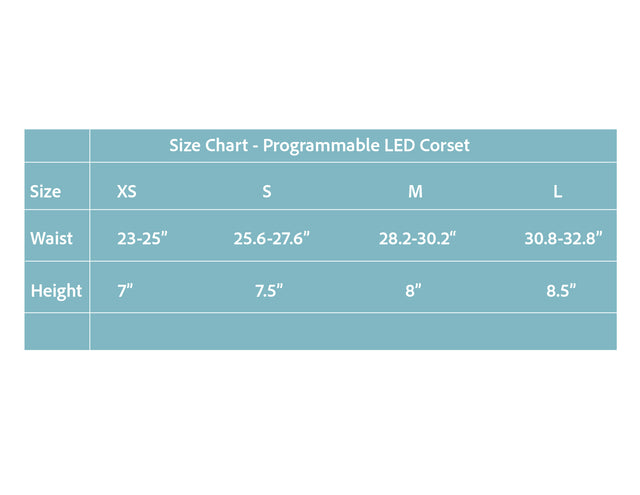 Size chart for made-to-order programmable LED corset showing measurement guide for custom fit glow clothing