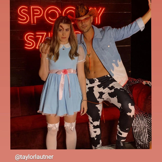 Taylor & Taylor Lautner in Full Neon Cowboy Halloween Costume with Glowing LED Cowboy Hat, Light up Denim Jacket, LED Bolo Tie, and Cow Print Joggers