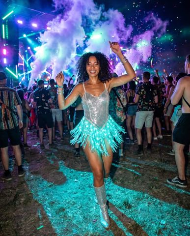 LED light-up face jewelry glowing at a music festival &mdash; Neon Cowboys festival & rave accessories